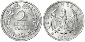 Kursmünzen
2 Reichsmark, Silber 1925-1931
1926 F. fast Stempelglanz, Prachtexemplar. Jaeger 320.