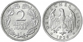 Kursmünzen
2 Reichsmark, Silber 1925-1931
1926 G. fast Stempelglanz. Jaeger 320.