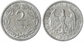 Kursmünzen
2 Reichsmark, Silber 1925-1931
1927 D. fast vorzüglich, sehr selten. Jaeger 320.