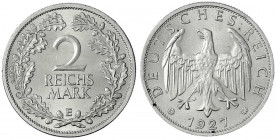 Kursmünzen
2 Reichsmark, Silber 1925-1931
1927 E. fast Stempelglanz, sehr selten in dieser Erhaltung. Jaeger 320.