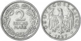 Kursmünzen
2 Reichsmark, Silber 1925-1931
1927 F. sehr schön. Jaeger 320.