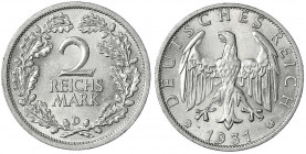 Kursmünzen
2 Reichsmark, Silber 1925-1931
1931 D. fast Stempelglanz. Jaeger 320.