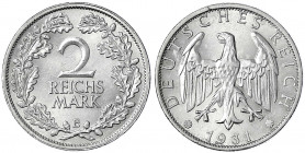 Kursmünzen
2 Reichsmark, Silber 1925-1931
1931 E. vorzüglich/Stempelglanz. Jaeger 320.