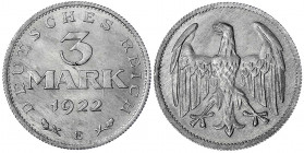 Kursmünzen
3 Mark, Aluminium 1922
1922 E. fast Stempelglanz, Prachtexemplar. Jaeger 302.