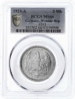 Kursmünzen
3 Mark, Silber 1924-1925
1924 A. Im PCGS-Blister mit Grading MS 66 (Top Pop, bisher wurde kein Stück besser gegradet). Stempelglanz, Prac...