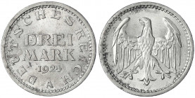 Kursmünzen
3 Mark, Silber 1924-1925
1924 A. fast Stempelglanz, kl. Randfehler. Jaeger 312.