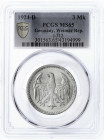 Kursmünzen
3 Mark, Silber 1924-1925
1924 D. Im PCGS-Blister mit Grading MS 65 (bisher wurden nur 2 Ex. besser gegradet). Stempelglanz, Prachtexempla...