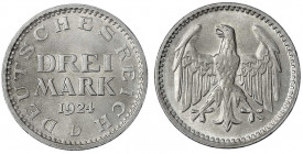 Kursmünzen
3 Mark, Silber 1924-1925
1924 D. fast Stempelglanz. Jaeger 312.
