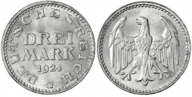 Kursmünzen
3 Mark, Silber 1924-1925
1924 G. fast Stempelglanz, Prachtexemplar. Jaeger 312.