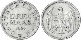 Kursmünzen
3 Mark, Silber 1924-1925
1924 G. gutes sehr schön. Jaeger 312.