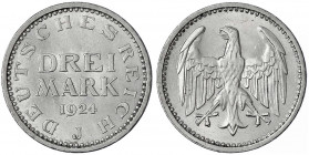 Kursmünzen
3 Mark, Silber 1924-1925
1924 J. prägefrisch/fast Stempelglanz. Jaeger 312.