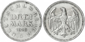 Kursmünzen
3 Mark, Silber 1924-1925
1925 D. gutes vorzüglich. Jaeger 312.