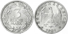 Kursmünzen
3 Reichsmark, Silber 1931-1933
1931 A. vorzüglich/Stempelglanz, Kratzer. Jaeger 349.