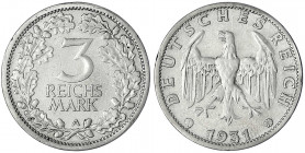 Kursmünzen
3 Reichsmark, Silber 1931-1933
1931 A. sehr schön, kl. Randfehler. Jaeger 349.
