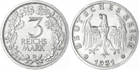Kursmünzen
3 Reichsmark, Silber 1931-1933
1931 D. vorzüglich, berieben. Jaeger 349.