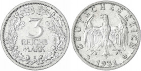 Kursmünzen
3 Reichsmark, Silber 1931-1933
1931 E. sehr schön, kl. Kratzer. Jaeger 349.