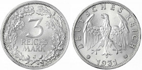 Kursmünzen
3 Reichsmark, Silber 1931-1933
1931 J. prägefrisch/fast Stempelglanz, selten in dieser Erhaltung. Jaeger 349.