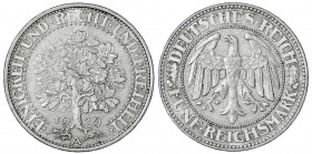 Kursmünzen
5 Reichsmark Eichbaum Silber 1927-1933
1929 A. sehr schön/vorzüglich. Jaeger 331.