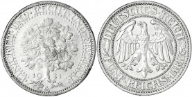 Kursmünzen
5 Reichsmark Eichbaum Silber 1927-1933
1931 A. Feilspuren am Rand, sonst vorzüglich. Jaeger 331.