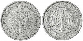 Kursmünzen
5 Reichsmark Eichbaum Silber 1927-1933
1932 D. sehr schön/vorzüglich, kl. Randfehler. Jaeger 331.