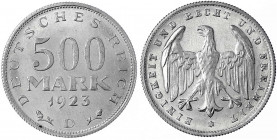 Kursmünzen
500 Mark, Aluminium 1923
1923 D. Polierte Platte, min. berührt. Jaeger 305.