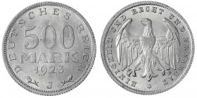 Kursmünzen
500 Mark, Aluminium 1923
1923 J. fast Stempelglanz, leichte Lichtenrader Prägung. Jaeger 305.