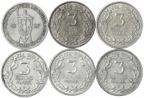 Gedenkmünzen
3 Reichsmark Rheinlande
6 Stück: 1925 A, D, E, F, G, J. Komplette Serie. vorzüglich und besser. Jaeger 321(6).