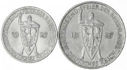 Gedenkmünzen
5 Reichsmark Rheinlande
2 Stück: 3 und 5 Mark 1925 A. vorzüglich/Stempelglanz und vorzüglich, Randfehler. Jaeger 321,322.