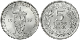 Gedenkmünzen
5 Reichsmark Rheinlande
1925 D. fast Stempelglanz, Prachtexemplar. Jaeger 322.