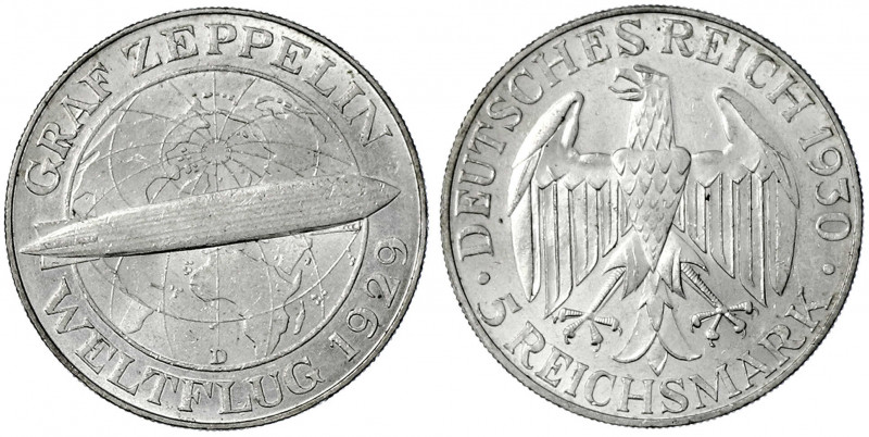 Gedenkmünzen
5 Reichsmark Zeppelin
1930 D. vorzüglich/Stempelglanz. Jaeger 343...