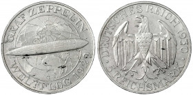 Gedenkmünzen
5 Reichsmark Zeppelin
1930 G. vorzüglich/Stempelglanz, kl. Flecke. Jaeger 343.