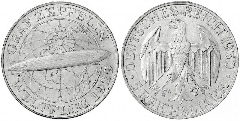 Gedenkmünzen
5 Reichsmark Zeppelin
1930 G. gutes vorzüglich, winz. Randfehler....