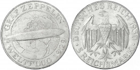 Gedenkmünzen
5 Reichsmark Zeppelin
1930 J. vorzüglich/Stempelglanz. Jaeger 343.