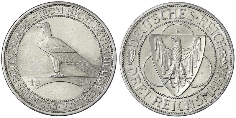 Gedenkmünzen
3 Reichsmark Rheinstrom
1930 F. prägefrisch, kl. Kratzer. Jaeger ...