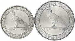 Gedenkmünzen
5 Reichsmark Rheinstrom
2 Stück: 3 und 5 Mark 1930 A. beide vorzüglich/Stempelglanz. Jaeger 345,346.