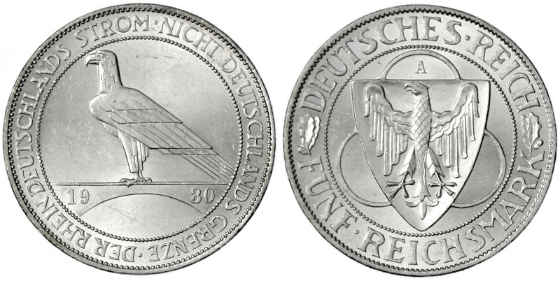 Gedenkmünzen
5 Reichsmark Rheinstrom
1930 A. prägefrisch/fast Stempelglanz. Ja...