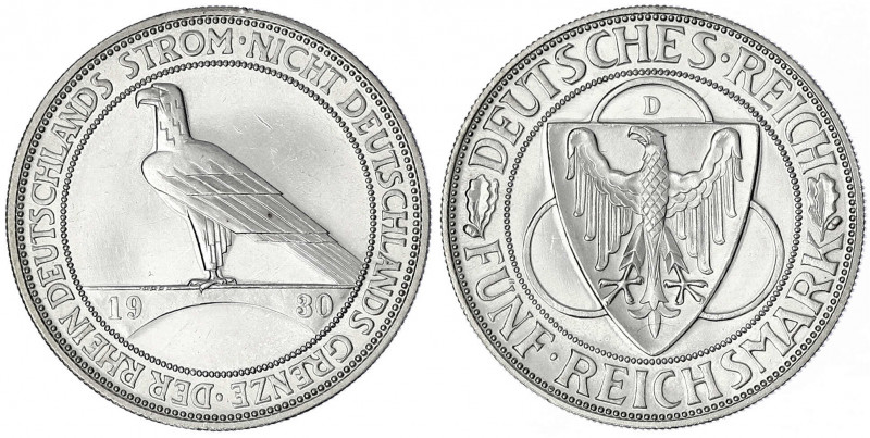 Gedenkmünzen
5 Reichsmark Rheinstrom
1930 D. Polierte Platte, kl. Kratzer, win...