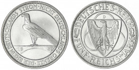 Gedenkmünzen
5 Reichsmark Rheinstrom
1930 D. Polierte Platte, kl. Kratzer, winz. Randfehler und etwas berieben. Jaeger 346.