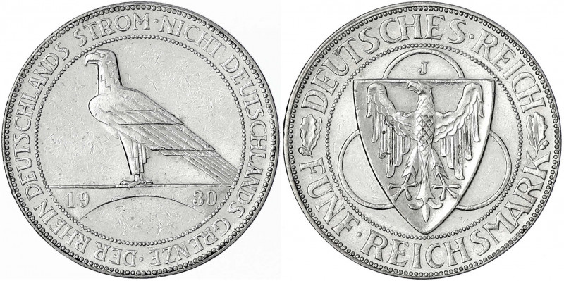 Gedenkmünzen
5 Reichsmark Rheinstrom
1930 J. sehr schön, etwas berieben. Jaege...