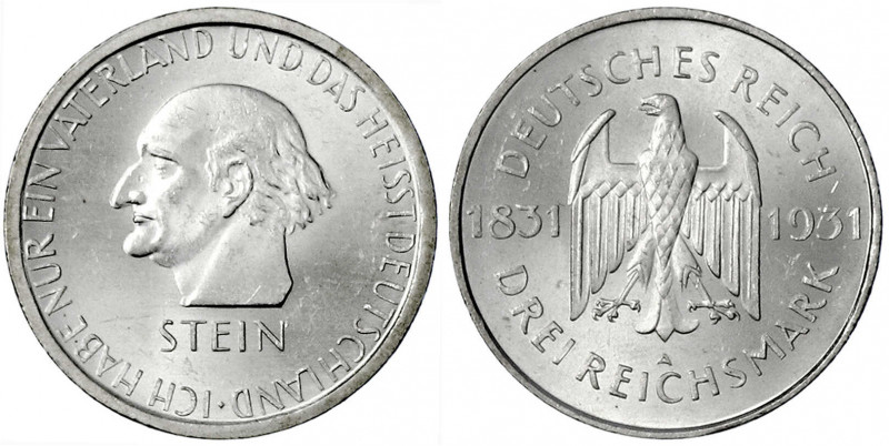 Gedenkmünzen
3 Reichsmark Stein Reichsfreiherr
1931 A. fast Stempelglanz, Prac...