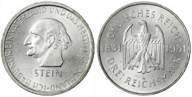 Gedenkmünzen
3 Reichsmark Stein Reichsfreiherr
1931 A. fast Stempelglanz, Prachtexemplar. Jaeger 348.