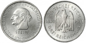 Gedenkmünzen
3 Reichsmark Stein Reichsfreiherr
1931 A. fast Stempelglanz, min. Randfehler. Jaeger 348.
