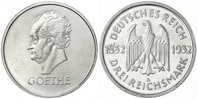 Gedenkmünzen
3 Reichsmark Goethe
1932 D. Polierte Platte, berieben. Jaeger 350...