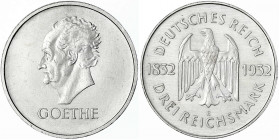 Gedenkmünzen
3 Reichsmark Goethe
1932 E. fast vorzüglich, etwas berieben. Jaeger 350.