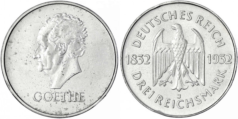 Gedenkmünzen
3 Reichsmark Goethe
1932 J. fast vorzüglich, kl. Randfehler. Jaeg...