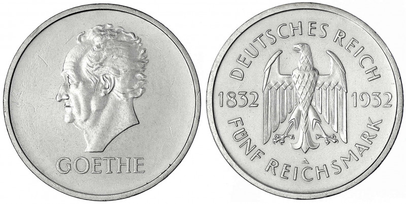 Gedenkmünzen
5 Reichsmark Goethe
1932 A. vorzüglich, min berieben. Jaeger 351....