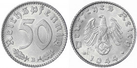 Klein/- und Kursmünzen
50 Reichspfennig, Aluminium 1939-1944
1944 B. fast Stempelglanz. Jaeger 372.