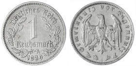 Klein/- und Kursmünzen
1 Reichsmark, Nickel 1933-1939
1939 G. sehr schön, selten. Jaeger 354.