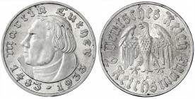 Gedenkmünzen
2 Reichsmark Luther
1933 F. fast Stempelglanz, Prachtexemplar. Jaeger 352.