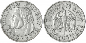Gedenkmünzen
5 Reichsmark Luther
1933 A. sehr schön, kl. Randfehler. Jaeger 353.